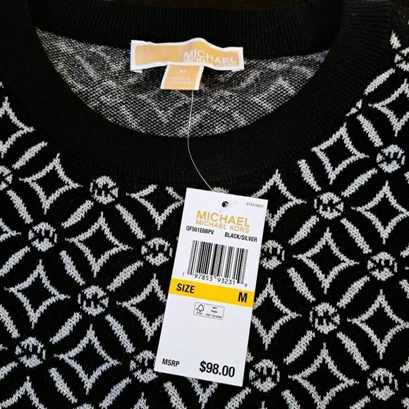 Michael Kors Size Medium (10-12) Black and Grey Logo Jacquard Sweater NW - Picture 9 of 13